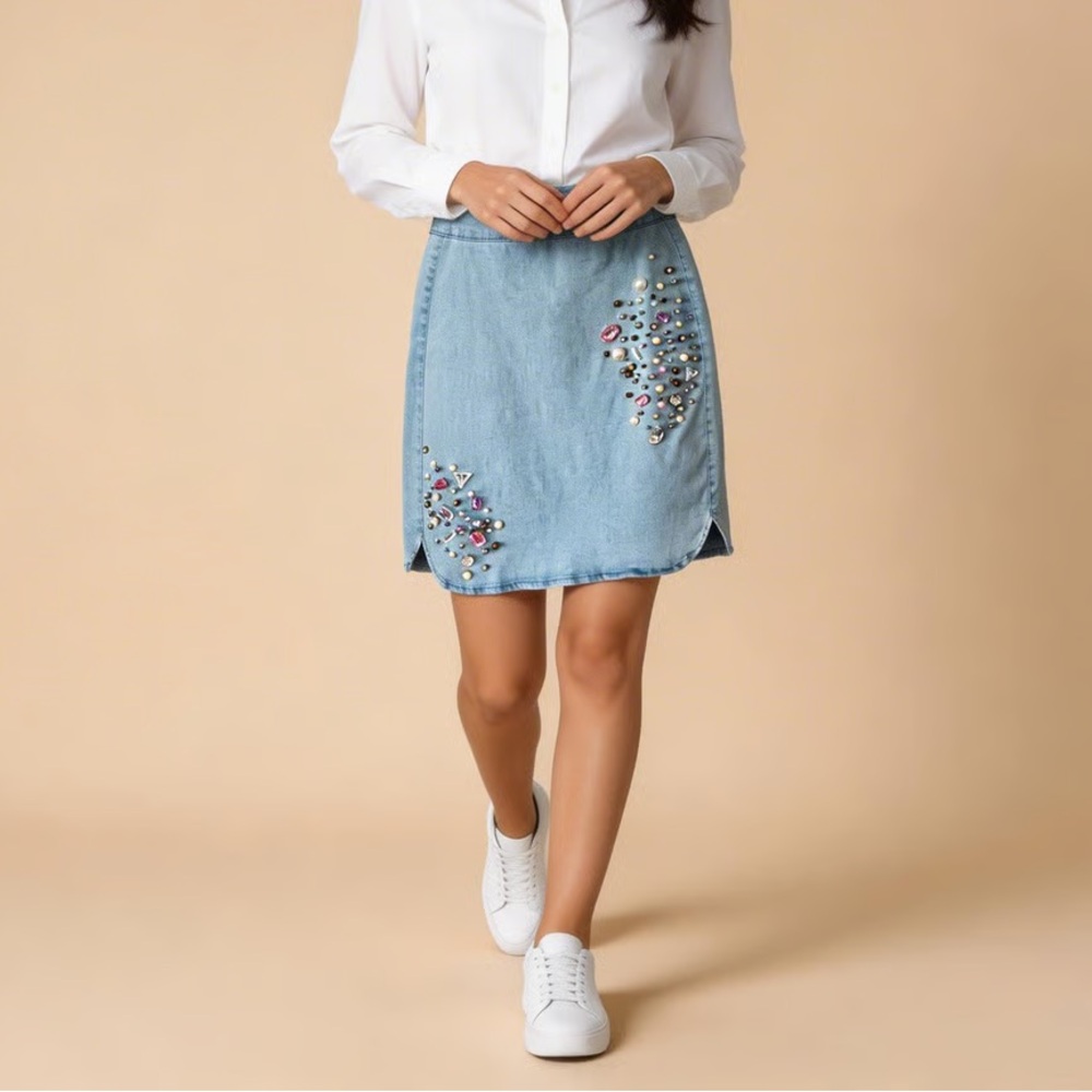 V CRISTINA | Vintage Light Blue Jewel Embellished Denim Jean Skirt Sz 6